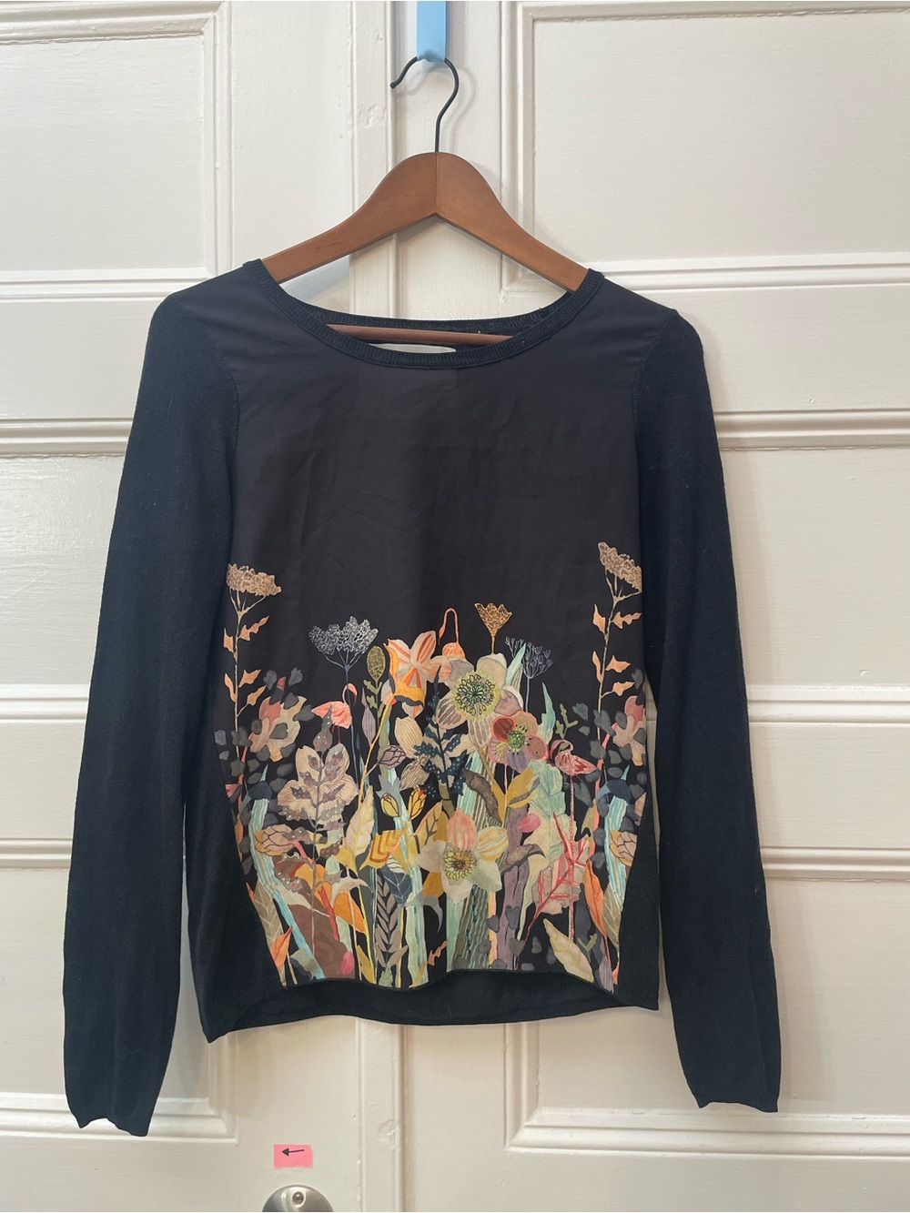 Anthropologie | Michelle Morin Black Flamingo Garden Floral Knit Pullover